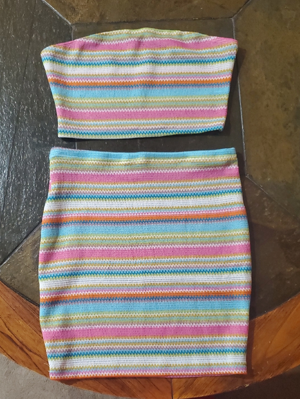 SHEIN Pastel Striped Knit Tube Top & Mini Skirt Set